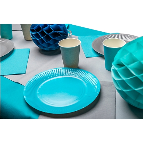 Une table dressée avec des assiettes, des serviettes et des gobelets en papier turquoise. Décorée de boules en nid d'abeille.