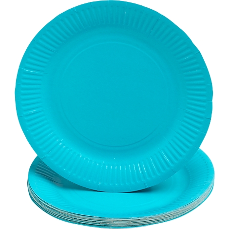 Assiettes en carton bleu turquoise. Une assiette est inclinée sur une pile d'autres assiettes.
