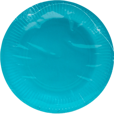 Assiette en carton turquoise emballée dans du plastique.