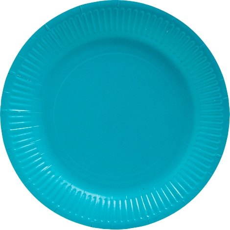Assiette en papier turquoise avec un bord extérieur nervuré. Les assiettes sont rondes et reposent sur un fond blanc.