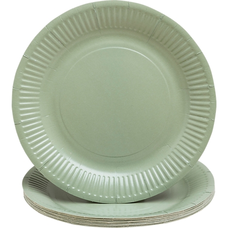 Assiettes en carton vert clair, partiellement empilées, avec un bord nervuré.