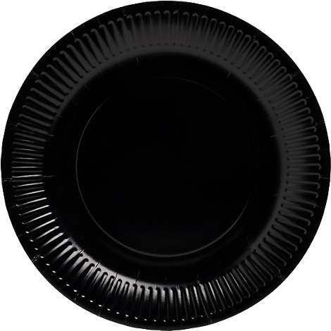Assiette en papier noire avec un bord extérieur strié.