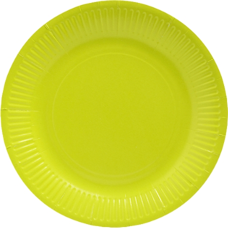Assiette en papier vert vif avec un bord nervuré. Idéale pour les fêtes ou les pique-niques.