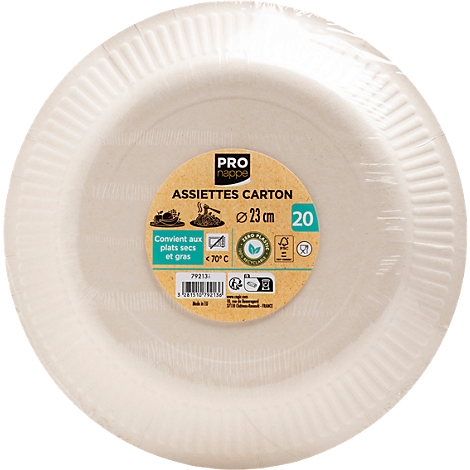 Une pile d'assiettes en carton, emballées dans du plastique. Des informations imprimées indiquent le diamètre, le matériau et les labels environnementaux.