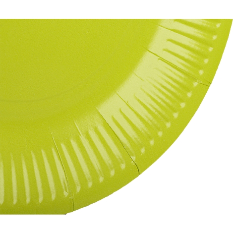 Gros plan d'une assiette en papier jaune-vert avec une bordure côtelée.