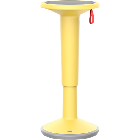 Tabouret debout jaune avec assise et anneau de pied gris, boucle rouge. La hauteur est réglable.
