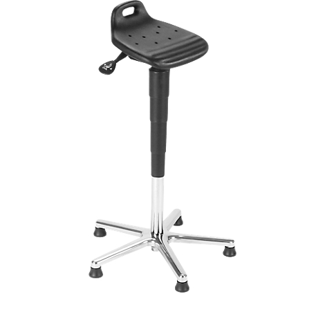 Black standing stool with star base. Seat and backrest are black. The foot is silver.
