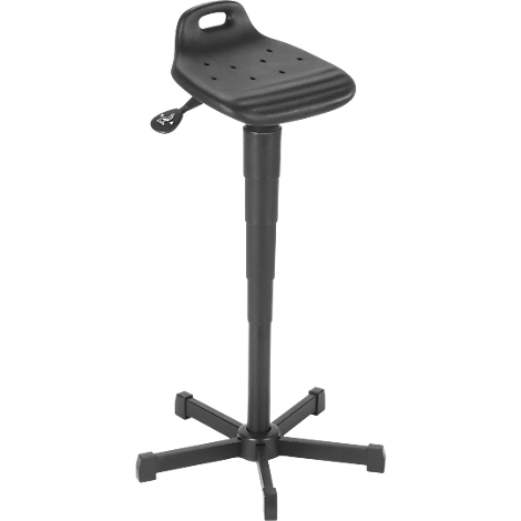 Black standing stool, ergonomic seat with hole pattern, adjustable height, five-legged base.