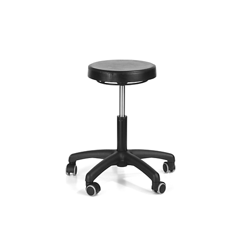 A black, height-adjustable rolling stool with a round seat and five casters.