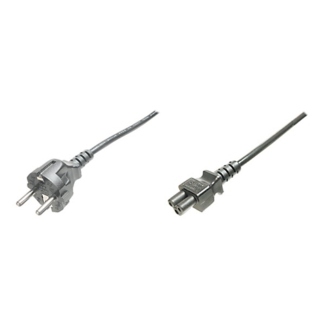 Zwei schwarze Netzkabel mit Stecker und Buchse, vor weiÃŸem Hintergrund.