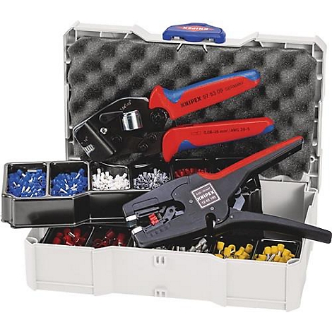 Gereedschapskoffer met krimptang, draadstripper en kabelschoenen. Rode en blauwe handgrepen.