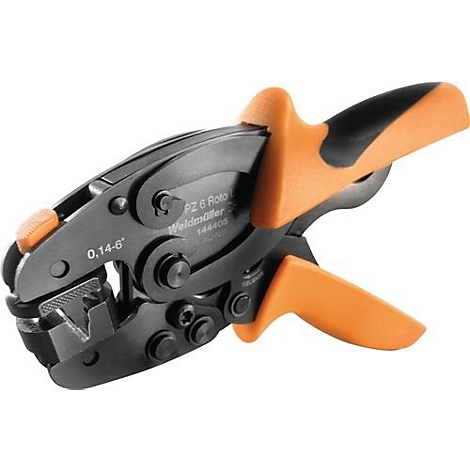 Pince à sertir noire et orange. Inscriptions imprimées : "PZ 6 Roto", "Weidmüller", "0,14-6".