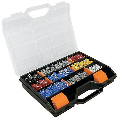 Boîte à outils noire ouverte avec des connecteurs de différentes couleurs. Le couvercle est transparent.