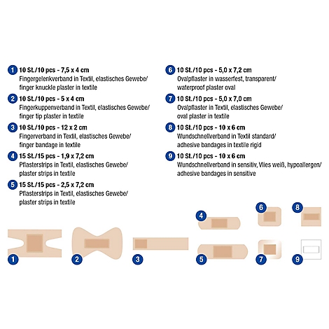 Diverses pansements de différentes formes et tailles, ainsi que des informations sur le produit.