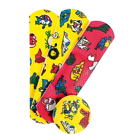 Trois pansements avec des motifs d'animaux sur fond jaune et rouge. De plus, un pansement rond avec des motifs similaires.