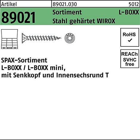 Informations produit : vis Spax, numéro d'article 89021, L-BOXX mini, acier trempé WIROX, RoHS.