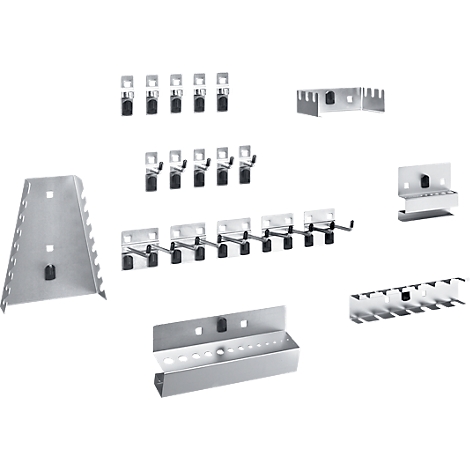 Diverse metalen gereedschapsopbergsystemen, haken, beugels, hoeken en containers.