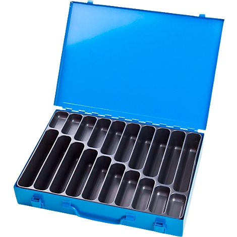 Open blue toolbox with grey compartments for tools.