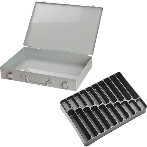 Opened gray toolbox with handle and removable tray with compartments.