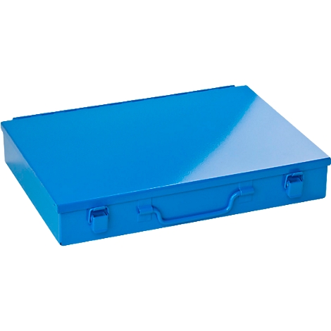 Blue rectangular box with handle and two closures.