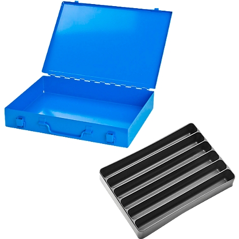 Blue metal box with open lid and separate black insert tray.
