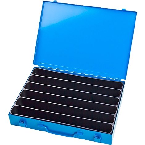 Open, blue toolbox with black compartments. A handle and lid are visible.