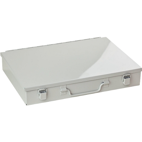 Light gray metal box with handle and two latches.