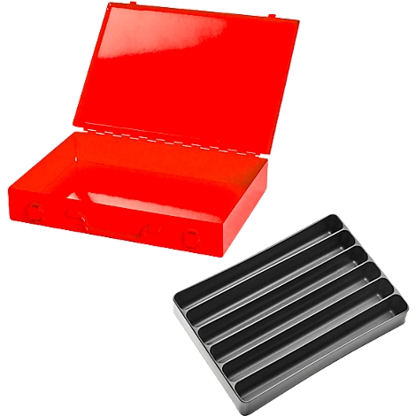 Open red metal box with black insert. The lid is open, next to it is the black interior divider.