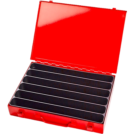 Open red toolbox with black compartments. The lid is flipped up and attached with hinges.