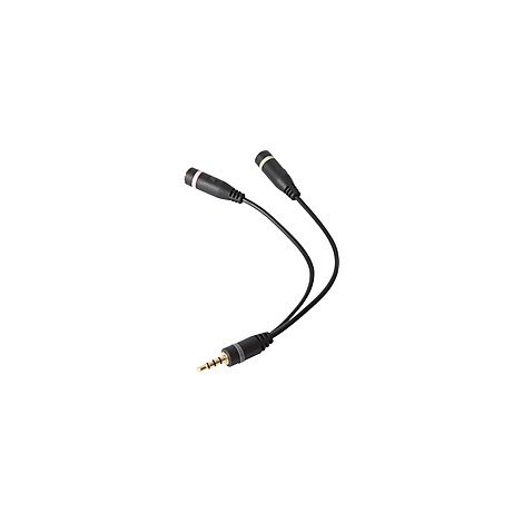 Schwarzer Audio-Splitter mit einem 3,5mm-Klinkenstecker und zwei farbigen Buchsen für Kopfhörer und Mikrofon.