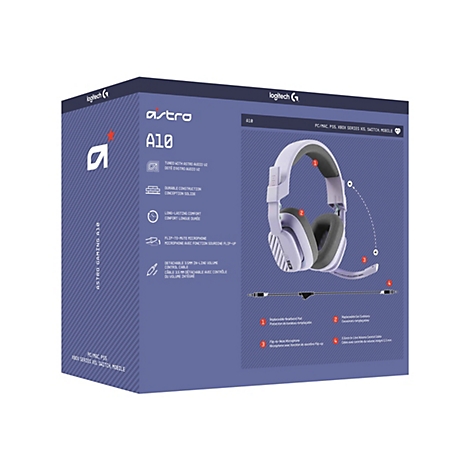 Ein weißes Astro A10 Gaming Headset auf einer Produktverpackung. Das Headset liegt auf der Verpackung, die viele Produktinformationen enthält.