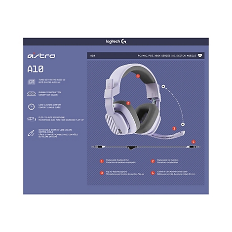 Ein weiß-lila Gaming-Headset der Marke Astro A10 mit erklärenden Diagrammen und Text. Zu sehen sind Merkmale wie austauschbare Ohrpolster und ein Mikrofon.
