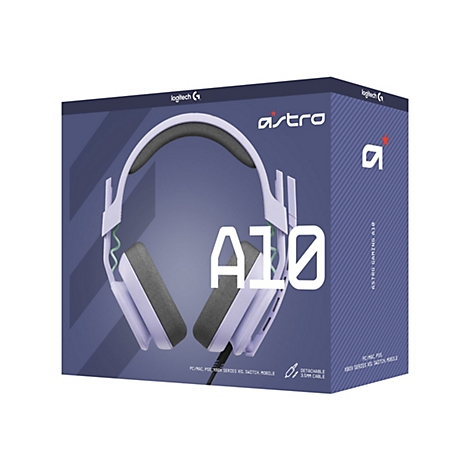 Hellviolettes Astro A10 Gaming-Headset auf einer Verpackung. Das Headset ist mit grauen Ohrpolstern versehen und mit weißer Schrift versehen.
