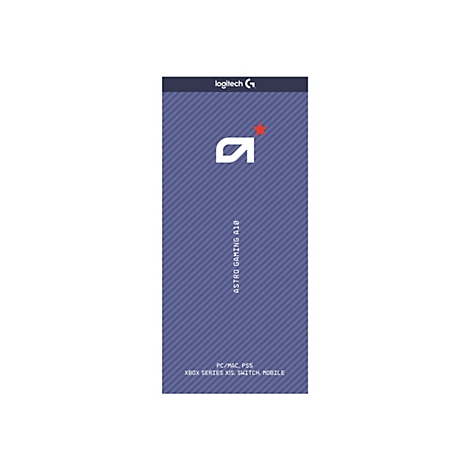 Logo mit weißem Symbol und Stern, darunter steht Astro Gaming A10, Logo Logitech, kompatibel PC/Mac, PS5, Xbox, Switch, Mobile.