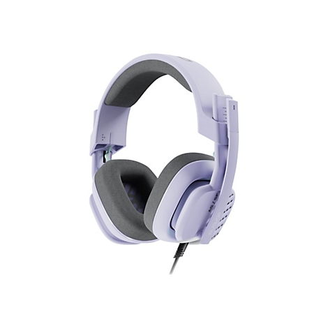 Hellviolettes Gaming-Headset vor weißem Hintergrund. Es hat Ohrmuscheln mit grauem Stoff, einen Mikrofonarm, der beschriftet ist.