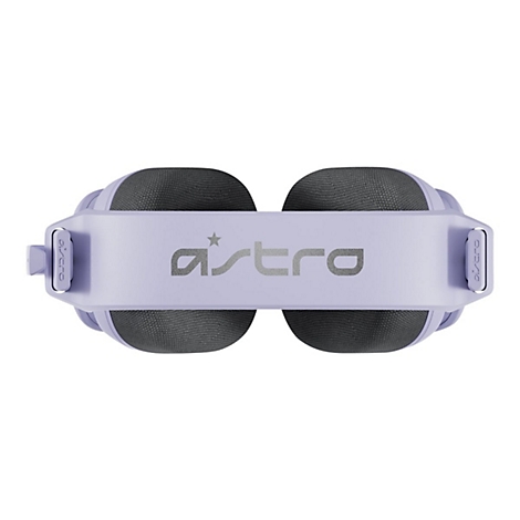 Hellviolettes Headset, Draufsicht. Auf dem Bügel steht "astro". Graue Ohrmuscheln.
