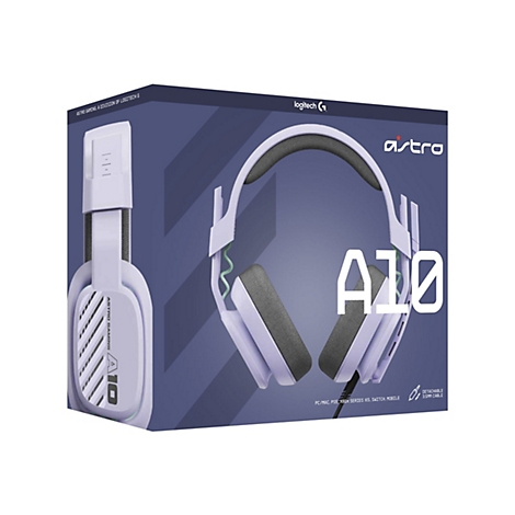 Eine lilafarbene Astro A10 Gaming-Kopfhörer-Verpackung. Auf der Verpackung sind der Kopfhörer und der Schriftzug "A10" prominent dargestellt.