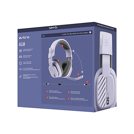 Ein weiß-violettes Astro A10 Gaming-Headset, das in seiner Verpackung abgebildet ist. Auf der Verpackung sind Funktionen und Spezifikationen aufgelistet.