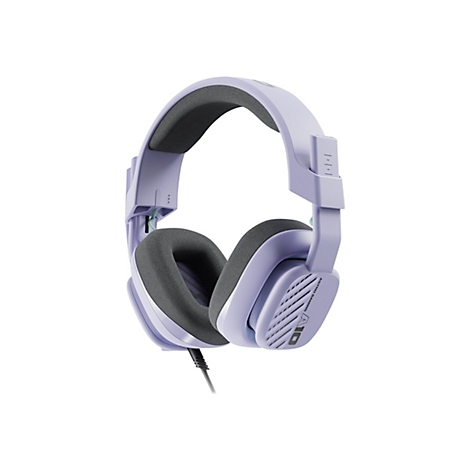 Helllila Gaming-Kopfhörer mit grauen Ohrmuscheln. Das Kabel verläuft nach unten.