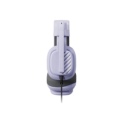 Hellviolettes Gaming-Headset, Seitenansicht. Schwarzes Kabel, Logo Astro.