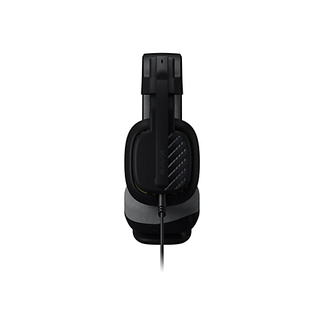 Schwarzes Gaming-Headset, Detailansicht. Graue Ohrmuschelabdeckung, Kabelanschluss.