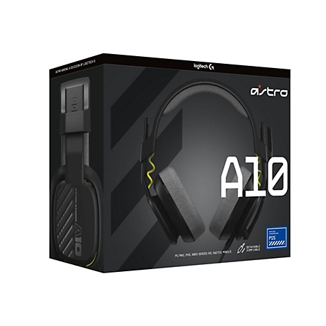 Schwarzer Gaming-KopfhÃ¶rer Astro A10 auf seiner Verpackung, mit gelben Akzenten.