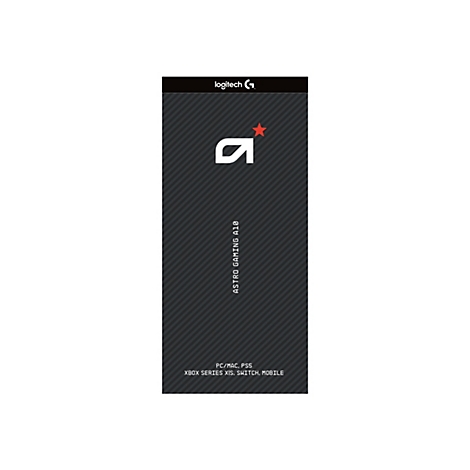 Schwarzes Logo der Astro Gaming A10 mit rotem Stern, Logitech-Schriftzug. Kompatibel mit PC/Mac, PS5, Xbox Series X|S, Switch, Mobile.