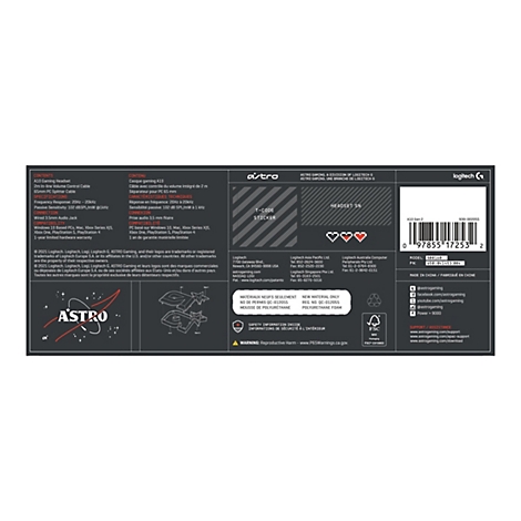 Verpackung von Astro A10 Gaming-Headset. Aufdruck mit Produktinformationen, Logo und Barcode auf dunkelgrauem Hintergrund.