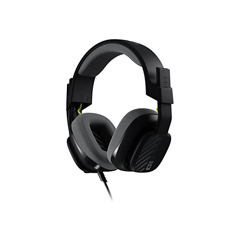 Schwarzes Gaming-Headset mit grauen Ohrmuscheln, gelben Akzenten und Kabel.