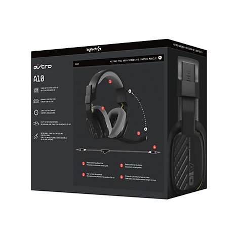 Schwarzer Astro A10 Gaming-KopfhÃ¶rer auf der Produktverpackung. Der Karton zeigt Funktionen und Produktnamen.