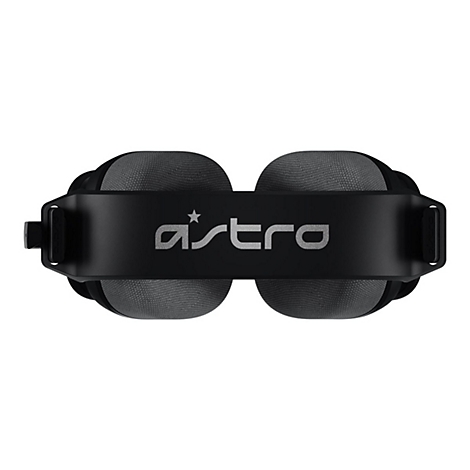 Schwarzes Astro-Gaming-Headset von oben gesehen. Graue Ohrmuscheln und Astro-Logo auf dem Kopfband.