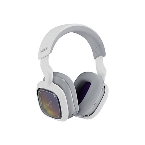 Casque de jeu blanc sur fond blanc. Écouteurs gris, logo Astro.