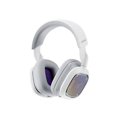 Casque de jeu blanc sur fond blanc. Coussinets d'oreille gris, doublure violette, oreillettes transparentes.