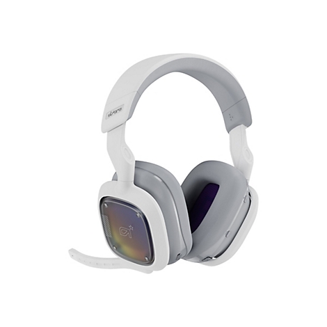 Casque de jeu blanc. Oreillettes et bandeau gris. Micro. Logo Astro.